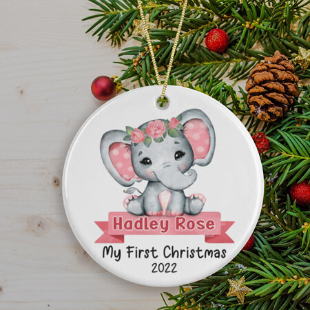 Pink Elephant My First Christmas  PersonalisedCeramic Christmas  Ornament