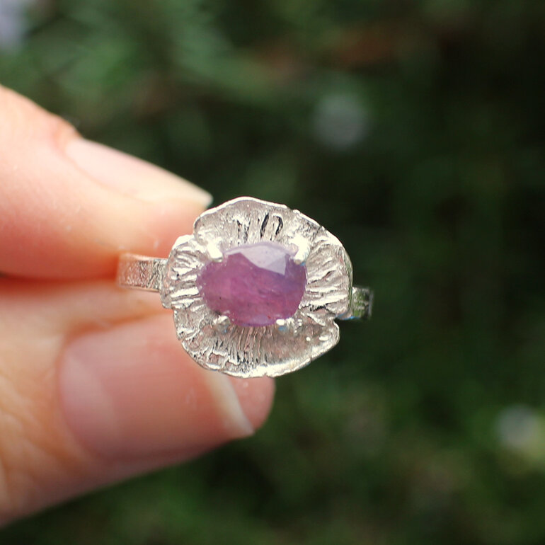 pink purple sapphire rose june flower floral sterling silver ring jewellery