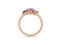 Pink sapphire, pink diamond, red ruby gemstone cluster ring in 18ct rose gold