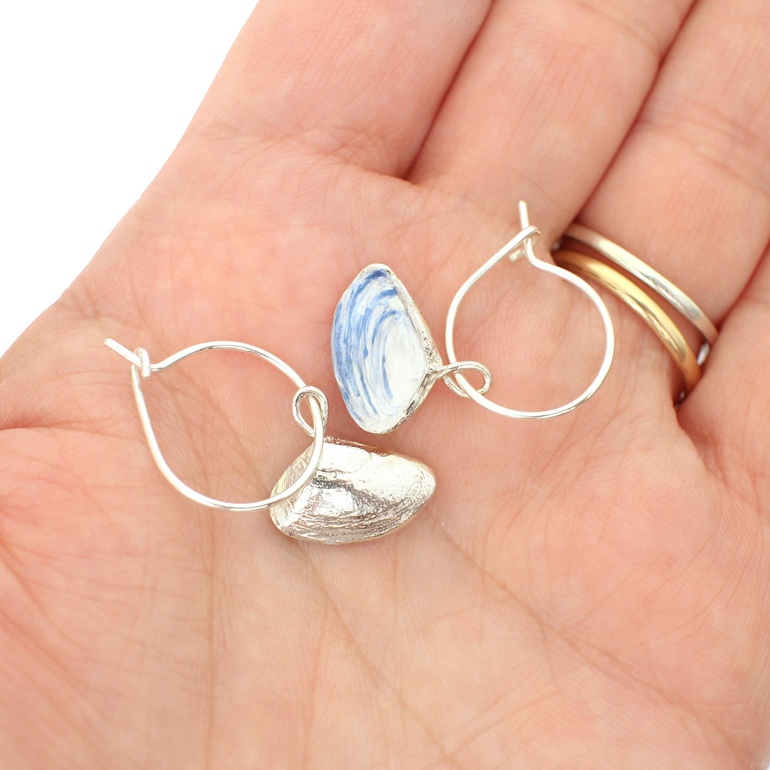 pipi shells silver earrings hoop white blue lily griffin nz jewellery beach