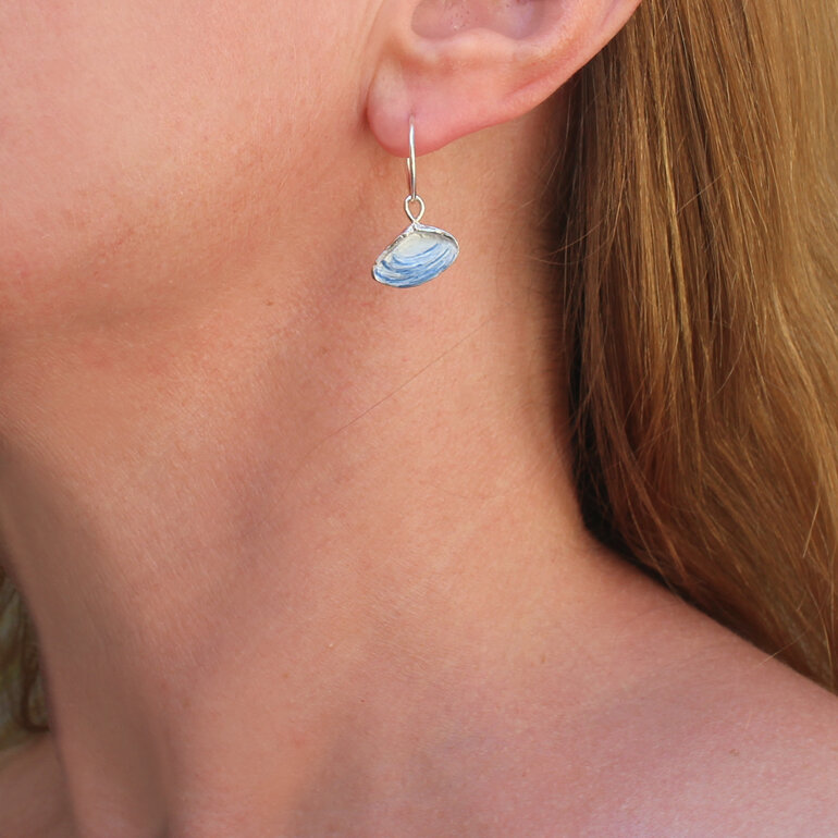pipi shells sterling silver earrings hoop white blue nautical nz jewellery