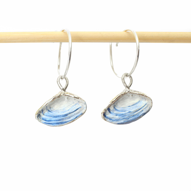 pipi shells sterling silver earrings hoop white blue nautical ocean lilygriffin