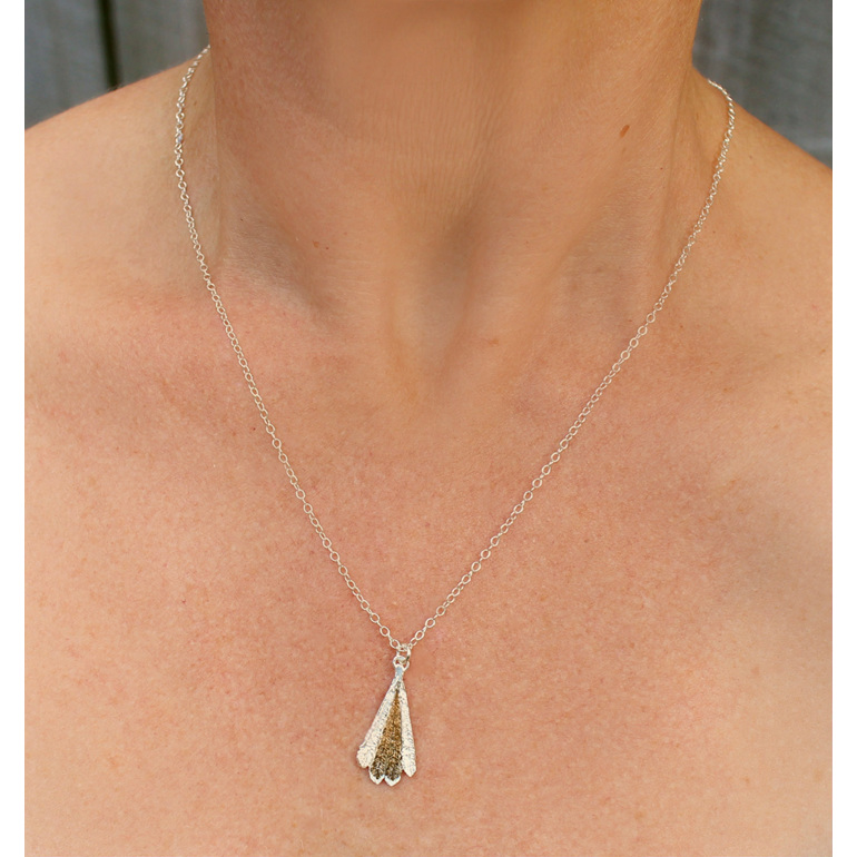 piwakawaka fantail bird feather bronze gold sterling silver necklace worn