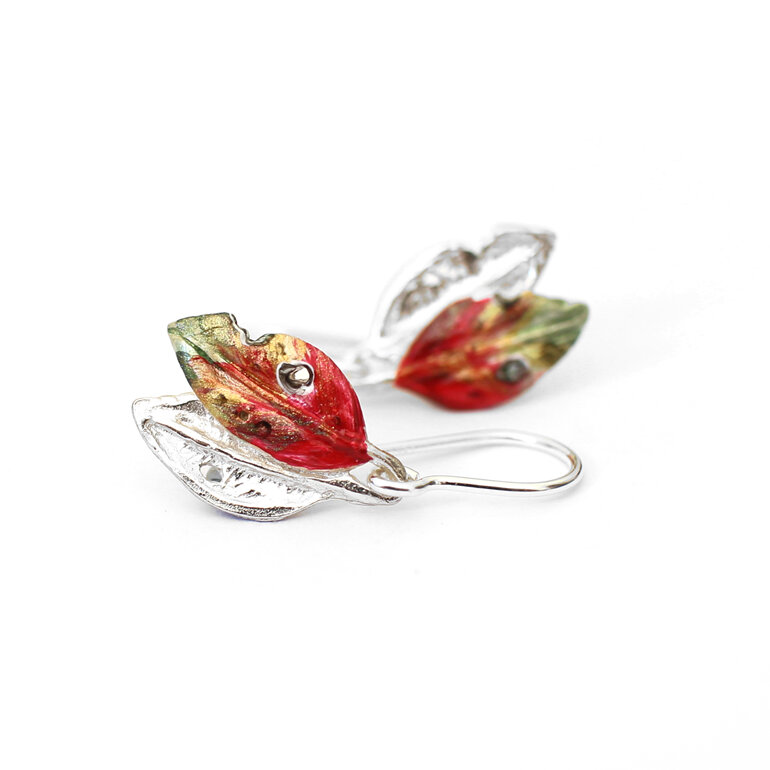 pohutukawa leaf red green gold earrings nature gift nz jewellery lilygriffin