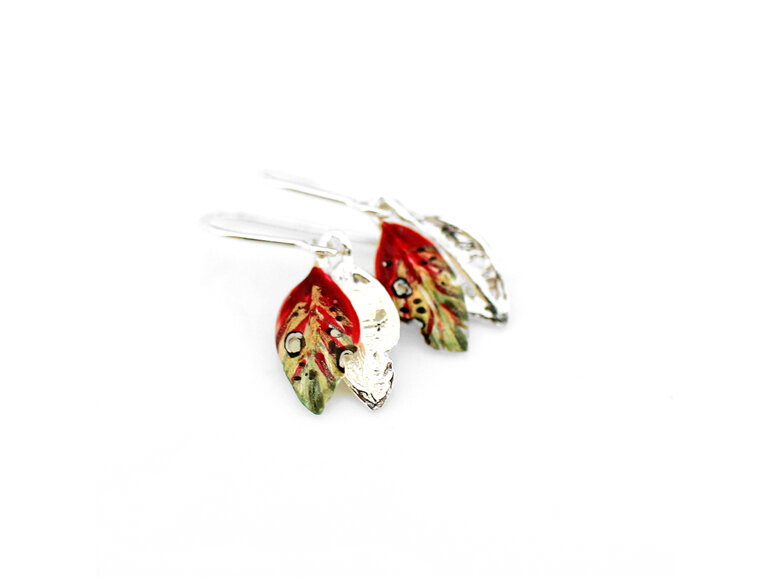 pohutukawa leaf red green gold earrings tiny dainty nature botanical petite