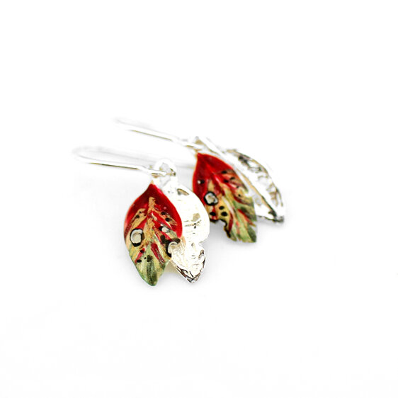 pohutukawa leaf red green gold earrings tiny dainty nature botanical petite