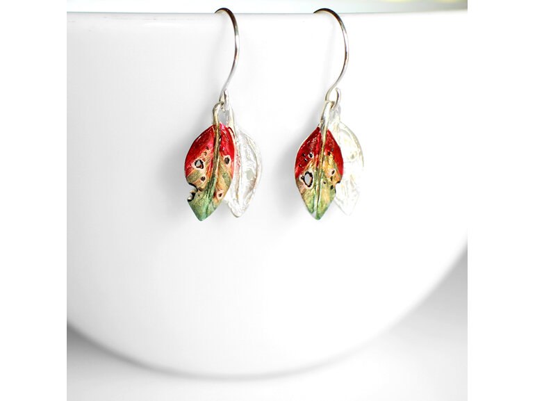 pohutukawa leaf red green gold earrings tiny lily griffin nz jewellery gift