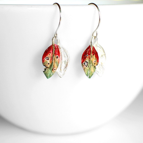 pohutukawa leaf red green gold earrings tiny lily griffin nz jewellery gift