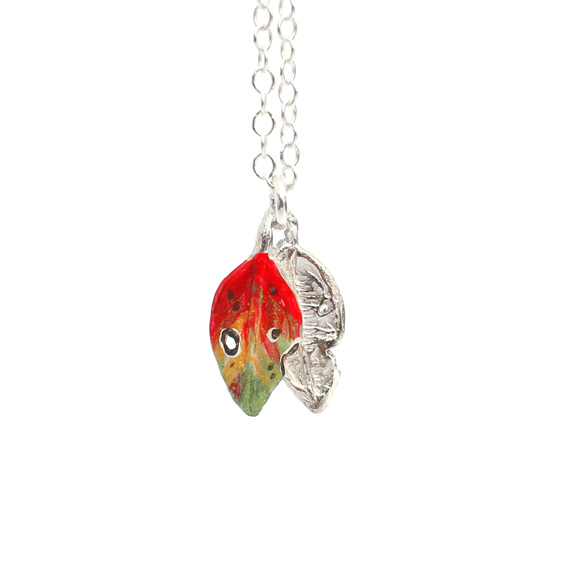 pohutukawa leaf red green gold pendant necklace lily griffin handmade jewellery