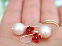 poppy crimson red putiputi flowers pearls earrings lilygriffin nz jewellery