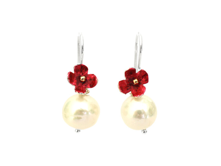 poppy crimson red putiputi flowers pearls silver earrings lily griffin nz