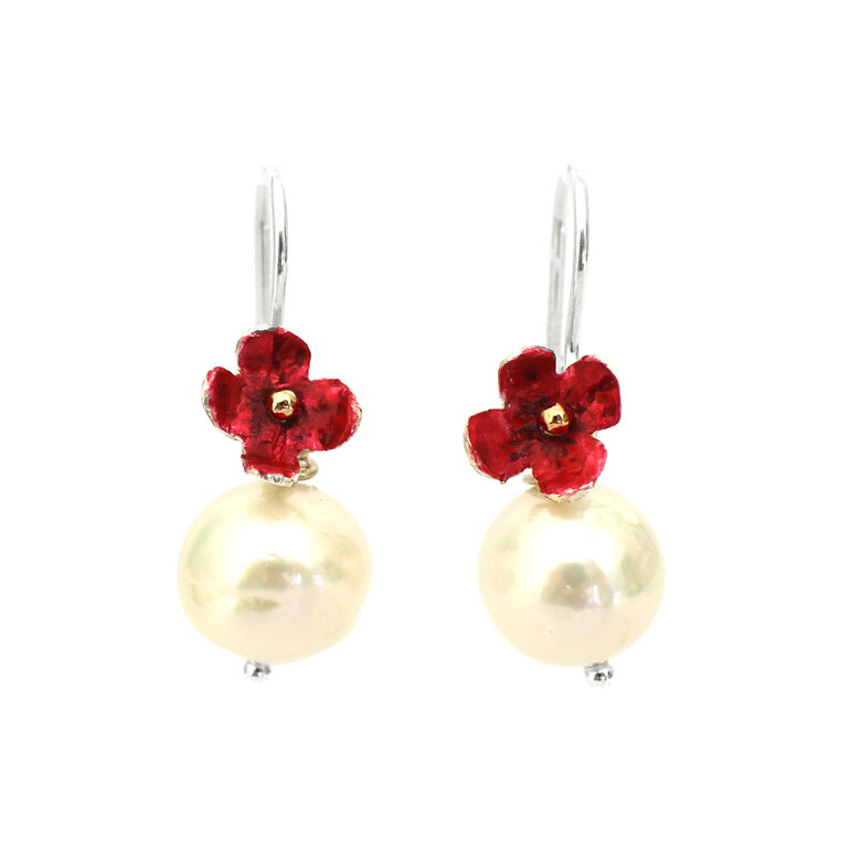 poppy crimson red putiputi flowers pearls silver earrings lily griffin nz