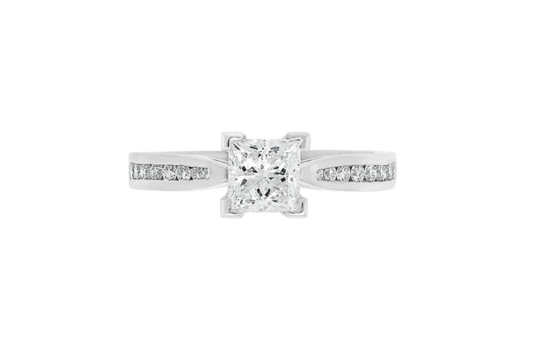 Princess cut diamond engagement ring with diamond set band