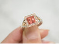 princess cut peach sapphire and diamond cluster ring in rose and white gold