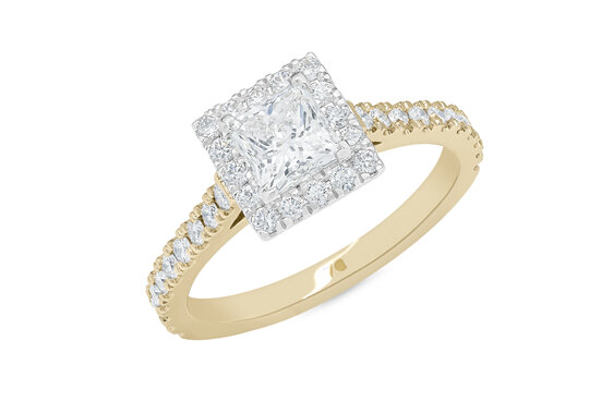 Princess diamond halo engagement ring, 18ct yellow gold, cluster diamond ring