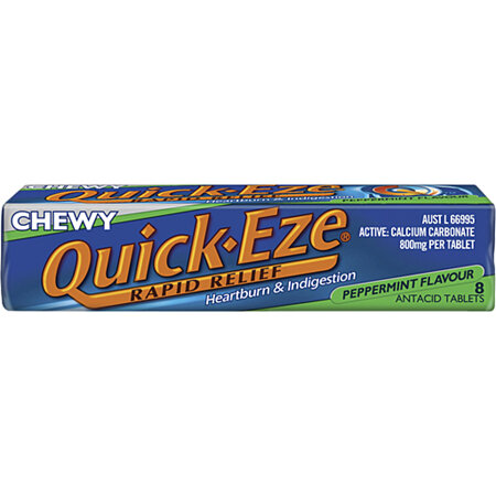 Quick-Eze Rapid Relief Heartburn & Indigestion Chewy Peppermint 8 Antacid Tablets