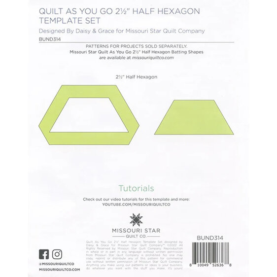 Quilt as You Go 2 1/2" Half Hexagon Template by Daisy & Gracce