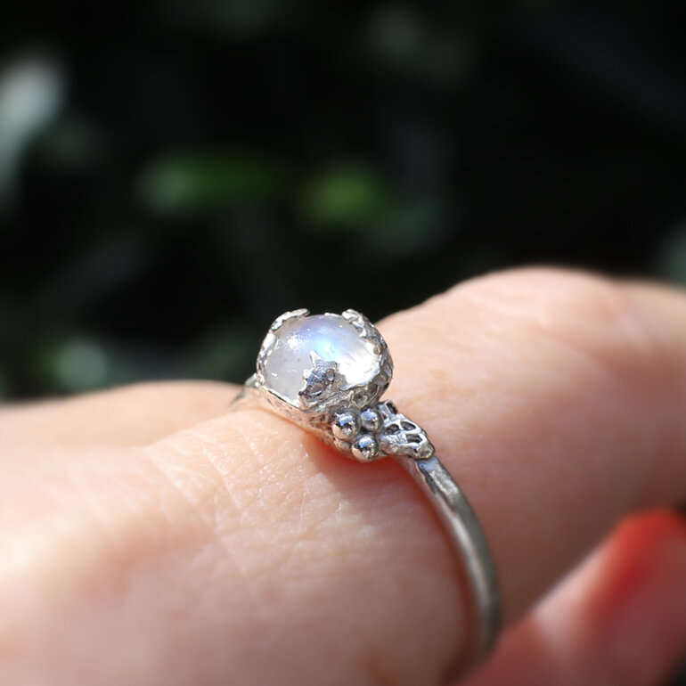 Rainbow moonstone gemstone organic reef sterling silver ring lily griffin nz
