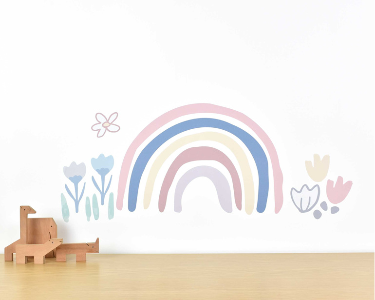 Rainbow wall decal for nursery with wooden animals