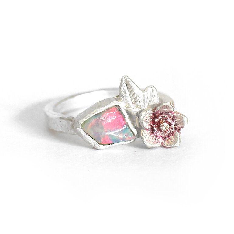 raw australian opal floral leaf flower pink sterling silver botanical ring
