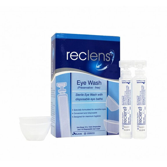 Reclens Eye Wash 10 x 15ml Ampoules and 10 Disposable Eye Baths