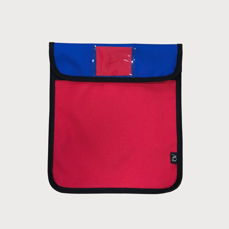 Red and blue library book bag made from water resistant, durable fabric
