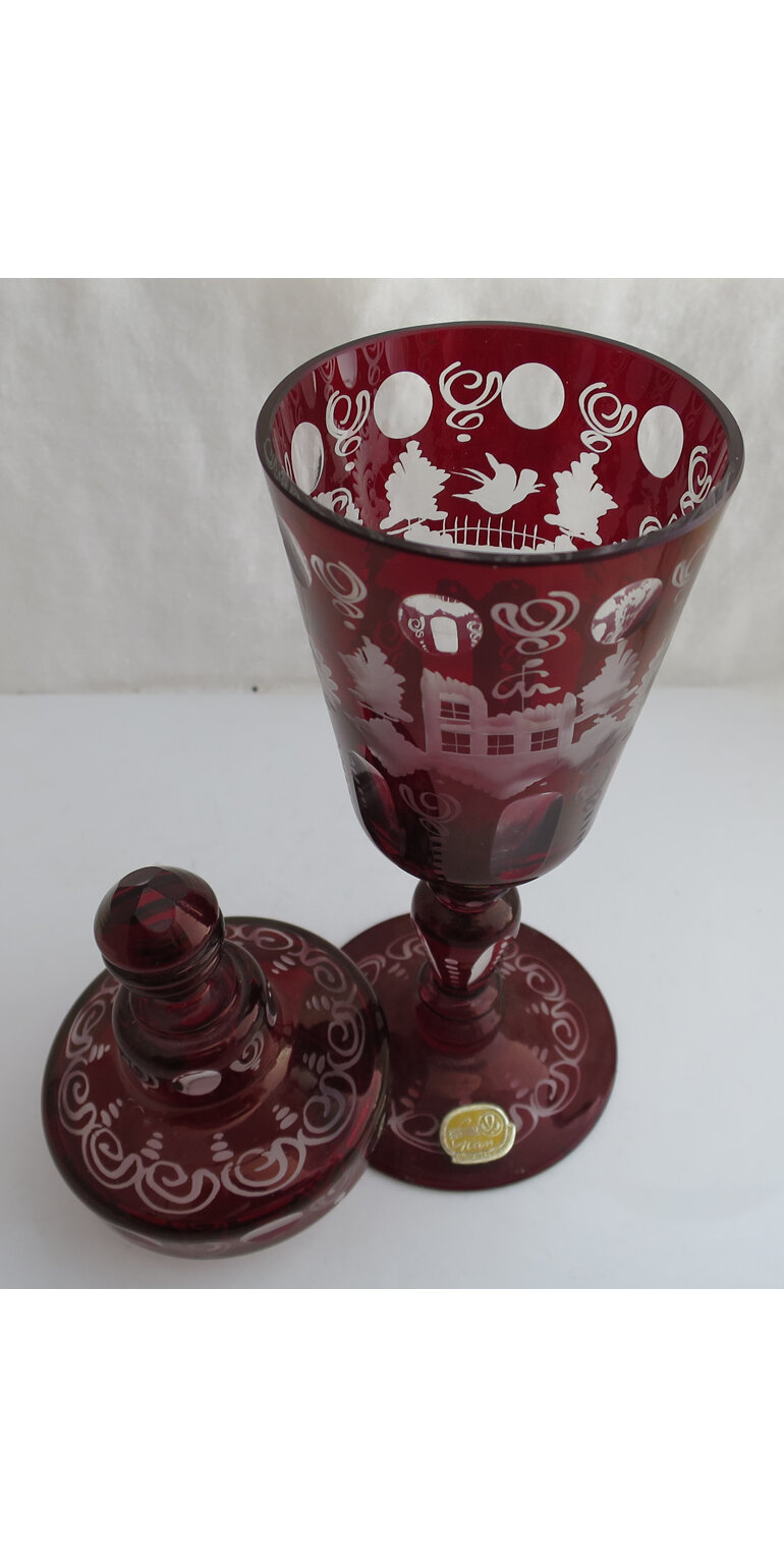 Red bohemian glass lidded goblet