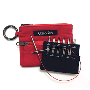 red ChiaoGoo pouch with black case with knitting needle tips and circular needle