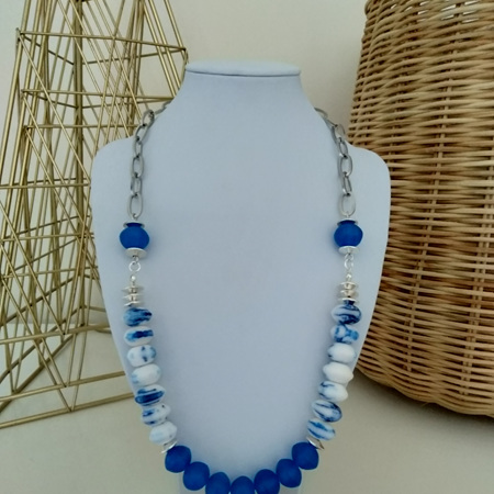 Resin Disk Short Necklace - Royal Blue & Marble