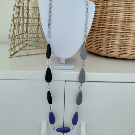 Resin Teardrop 3 Toned Necklace Long - Purple, Black & Grey
