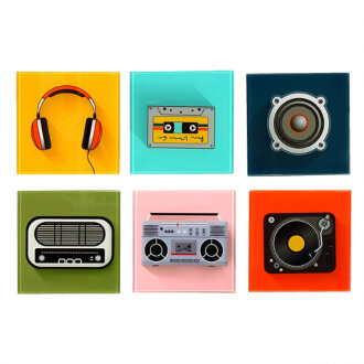 Retro look music icons coasters - glass set of 6