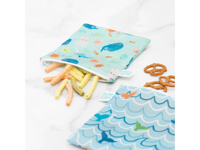 Reusable Snack Bag, Large 2-Pack: Ocean Life & Whale Tail waves