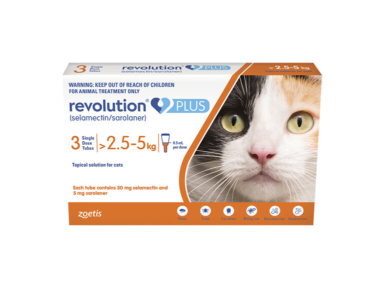 Revolution Plus for Cats 2.5 to 5.0kg treats fleas, worms & mites 3pk