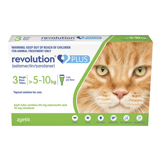 Revolution Plus for Cats 5.0 to 10kg treats fleas, worms & mites 3pk