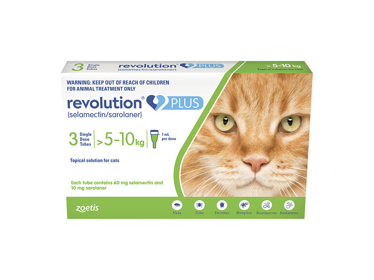 Revolution Plus for Cats 5.0 to 10kg treats fleas, worms & mites 3pk