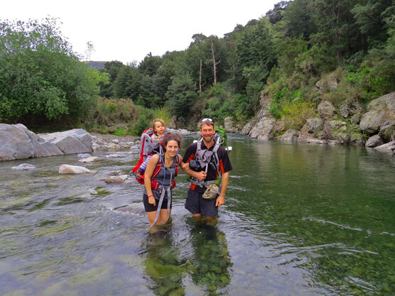 River crossing with a baby toddler hike in NZ