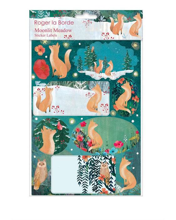 Roger La Borde Sticker Labels Moonlit Meadow foxes christmas