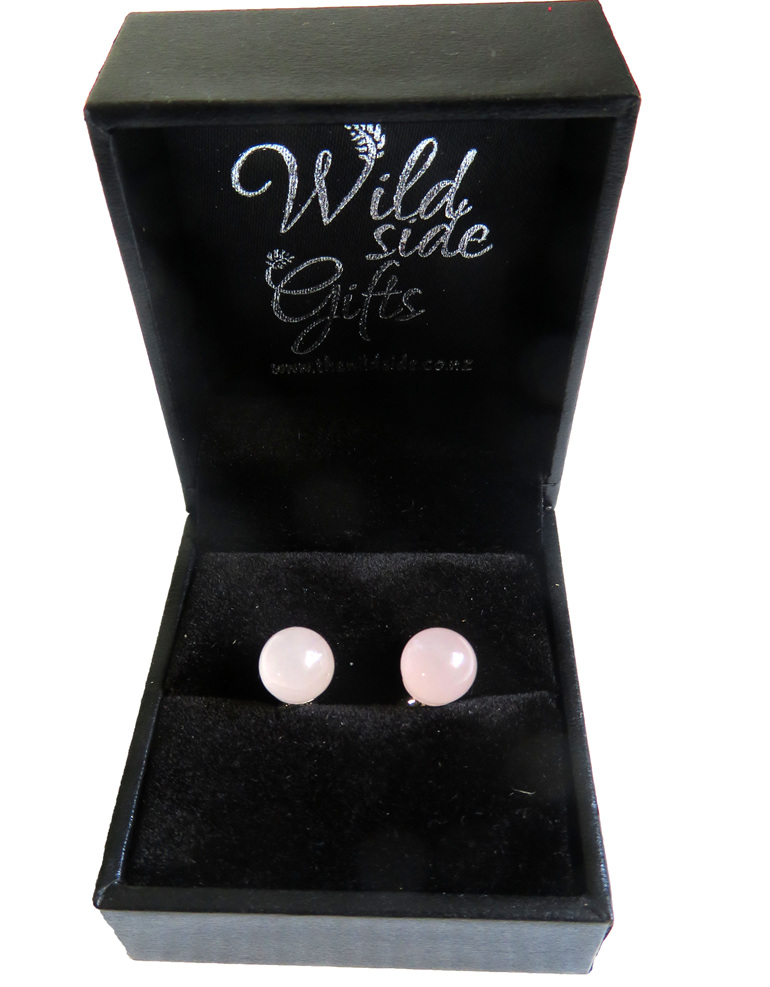 Rose Quartz Stud earrings in their jewellery box