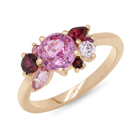 Rosebud: Pink Sapphire, Ruby and Diamond Cluster Ring