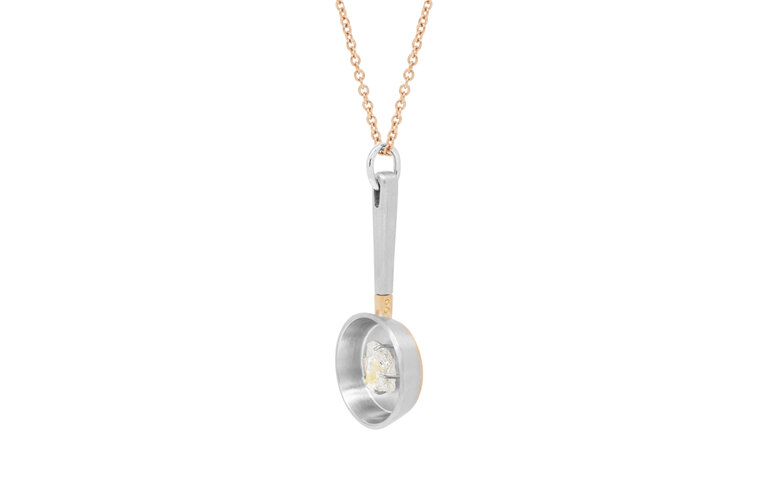 Rough diamond crystal, yellow inclusion, fried egg, frying pan pendant, 18ct