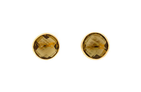 Round Cognac Quartz Yellow Gold Stud Earrings