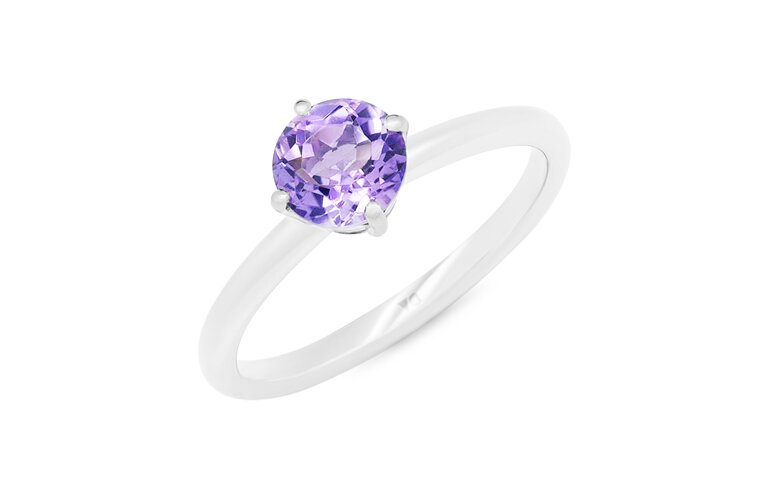 Round purple amethyst four claw solitaire ring crafted in 9ct white gold