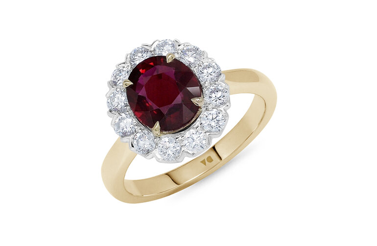 Ruby and Diamond Halo Dress Ring in 18ct Yellow and Platinum
