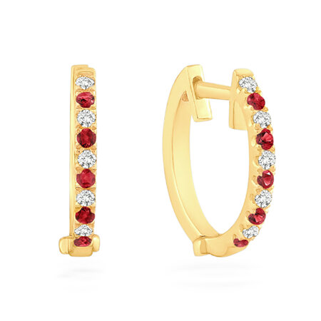Ruby and Diamond Set Yellow Gold Huggie Earrings