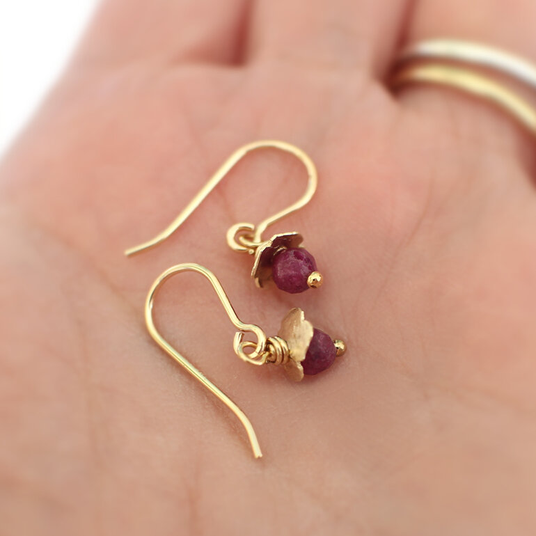 Ruby rosehip solid 9k gold earrings birthstone handmade lily griffin nz jeweller