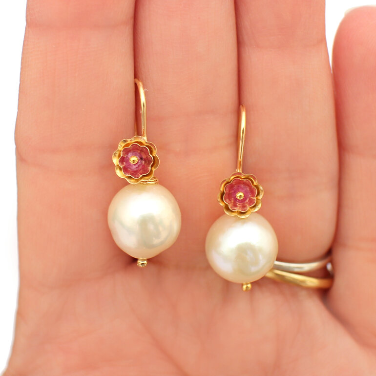 ruby rubies flowers gold filled cream pearl earrings handmade nz jewellery