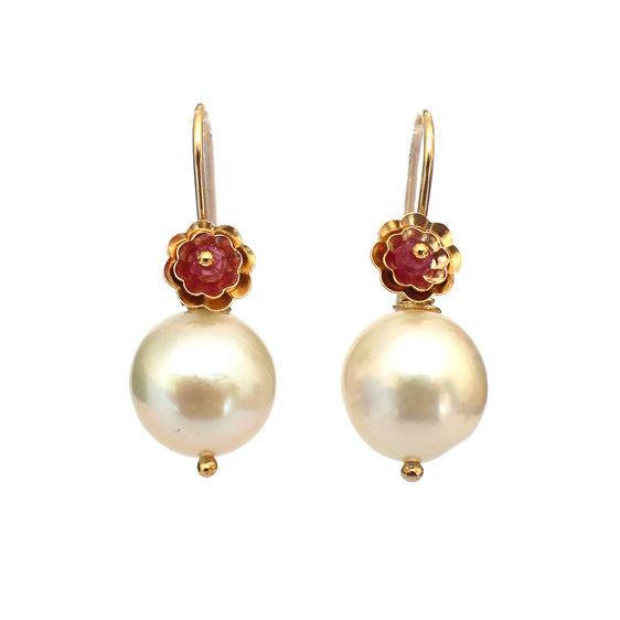 ruby rubies flowers gold filled cream pearl earrings handmade nz jewellery