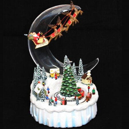 Santa Flying over Moving Snow Village - Ornament