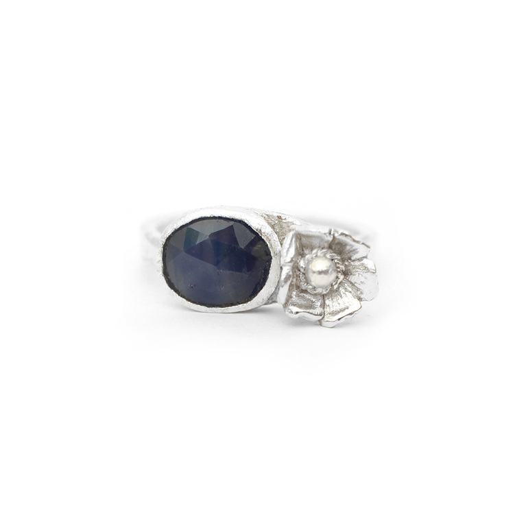 sapphire blue rosecut flower sterling silver small ring petite floral botanical