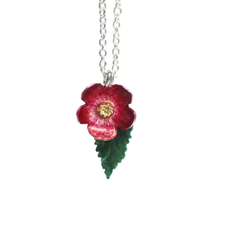 Scarlet Wild Rose and Leaf Necklace